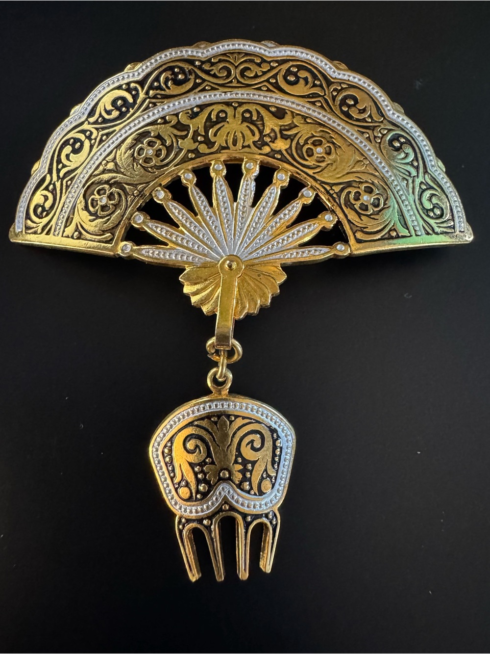 Vintage Gold Tone Fan Brooch - Black Enamel - Dangle Hair Comb - Victorian